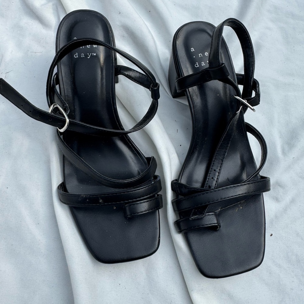 A New Day - Black Square Toe Strappy Heeled Sandals - size 6.5